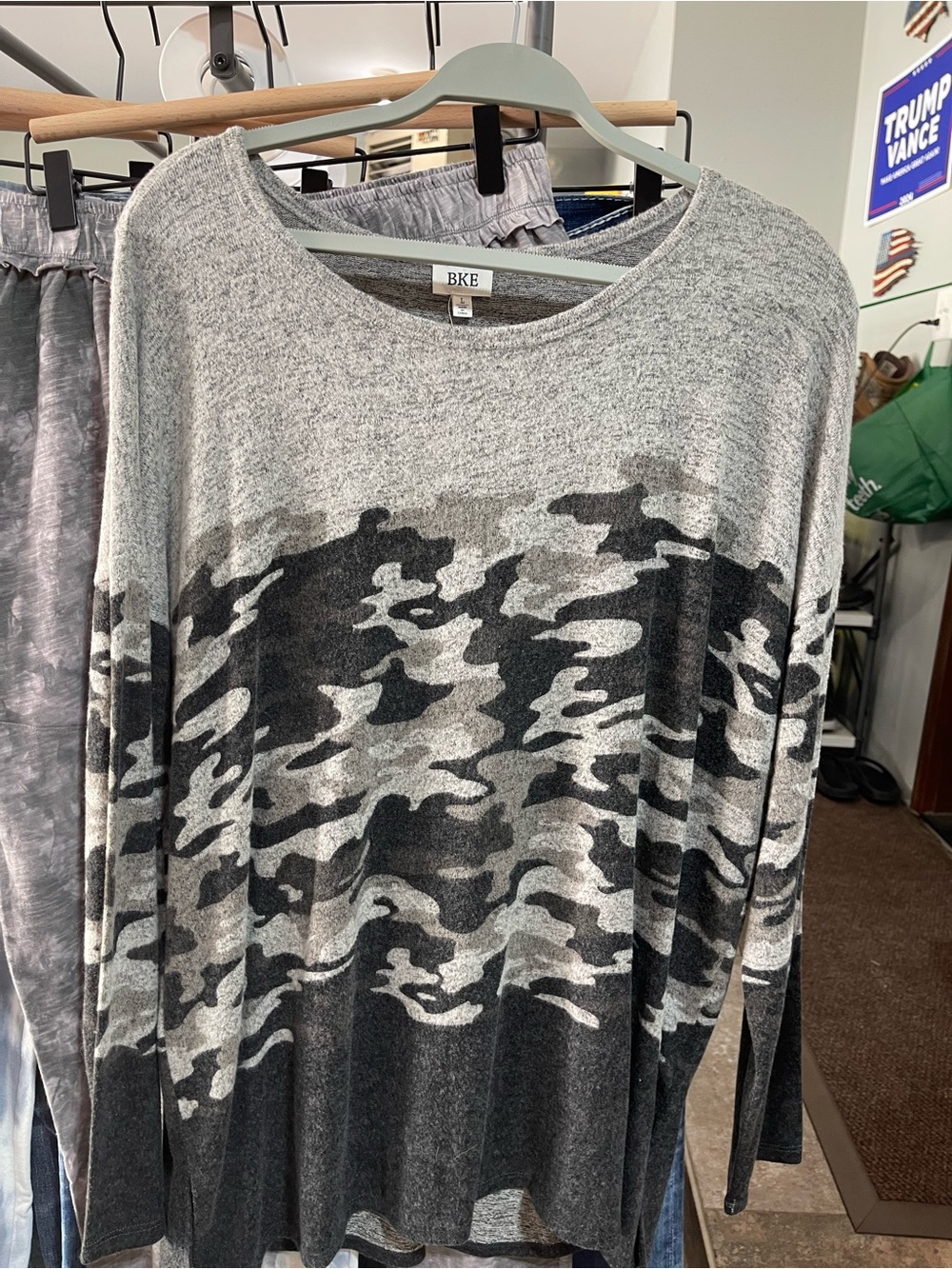 BKE Gray and Black Camo Crew-Neck Sweater